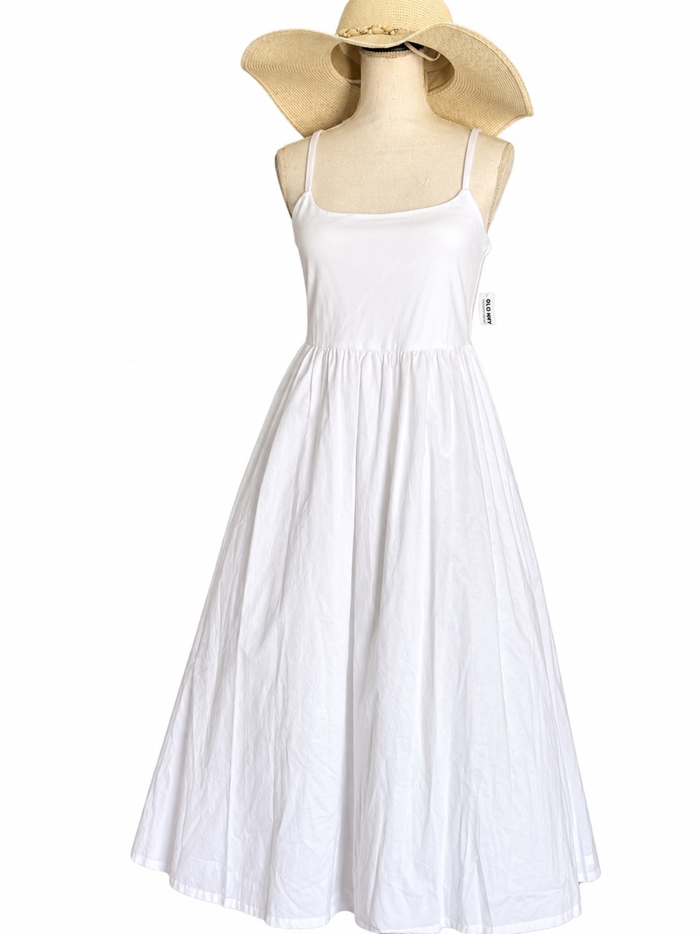 White Square Neck Spaghetti Strap A-Line Midi Sundress